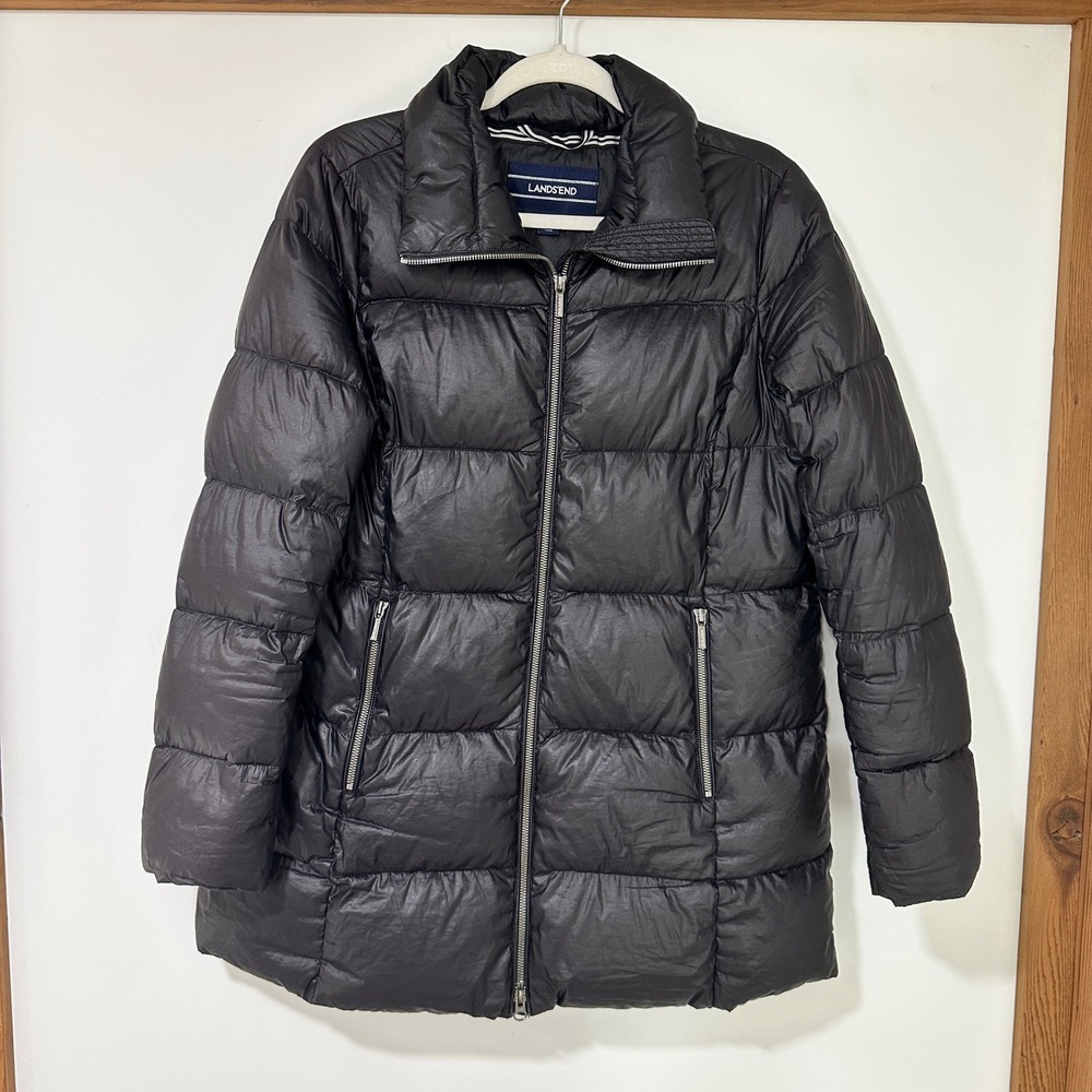 Lands' End Womens S 6-8 Black 90% Down Puffer Coat Mid Length Quilted